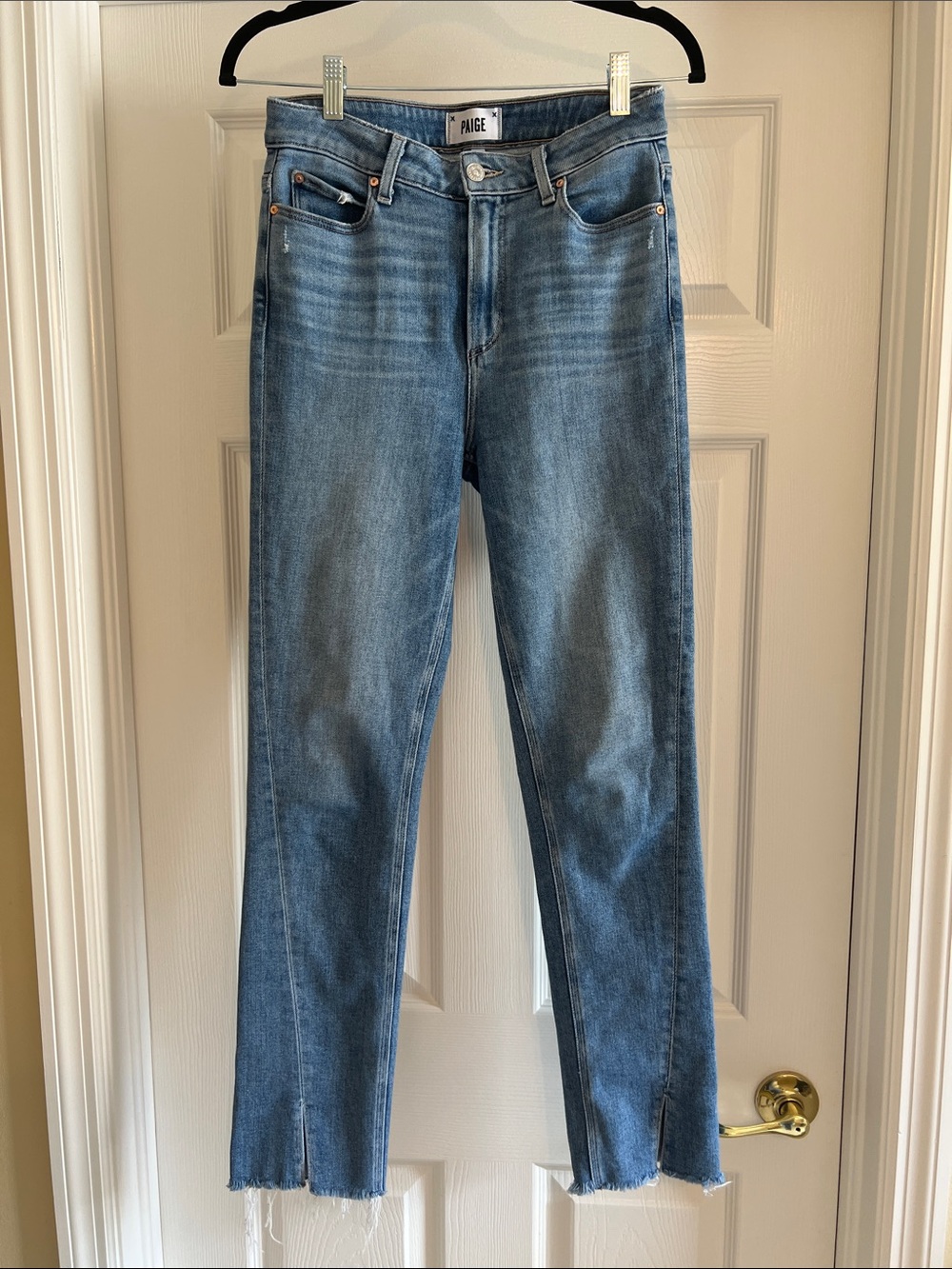 PAIGE Hoxton Slim Straight Leg Jeans in Medium Wash Blue with Raw Hem